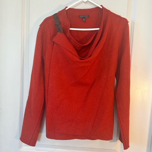 Eileen Fisher Sweaters - Eileen Fisher Rust Red 100% Wool & Leather Buckle Draped Sweater, Medium
